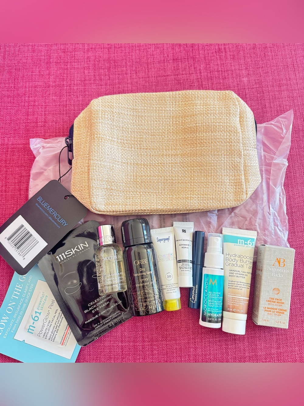 Straw Beige Woven Cosmetic Pouch with Travel Beauty Kit